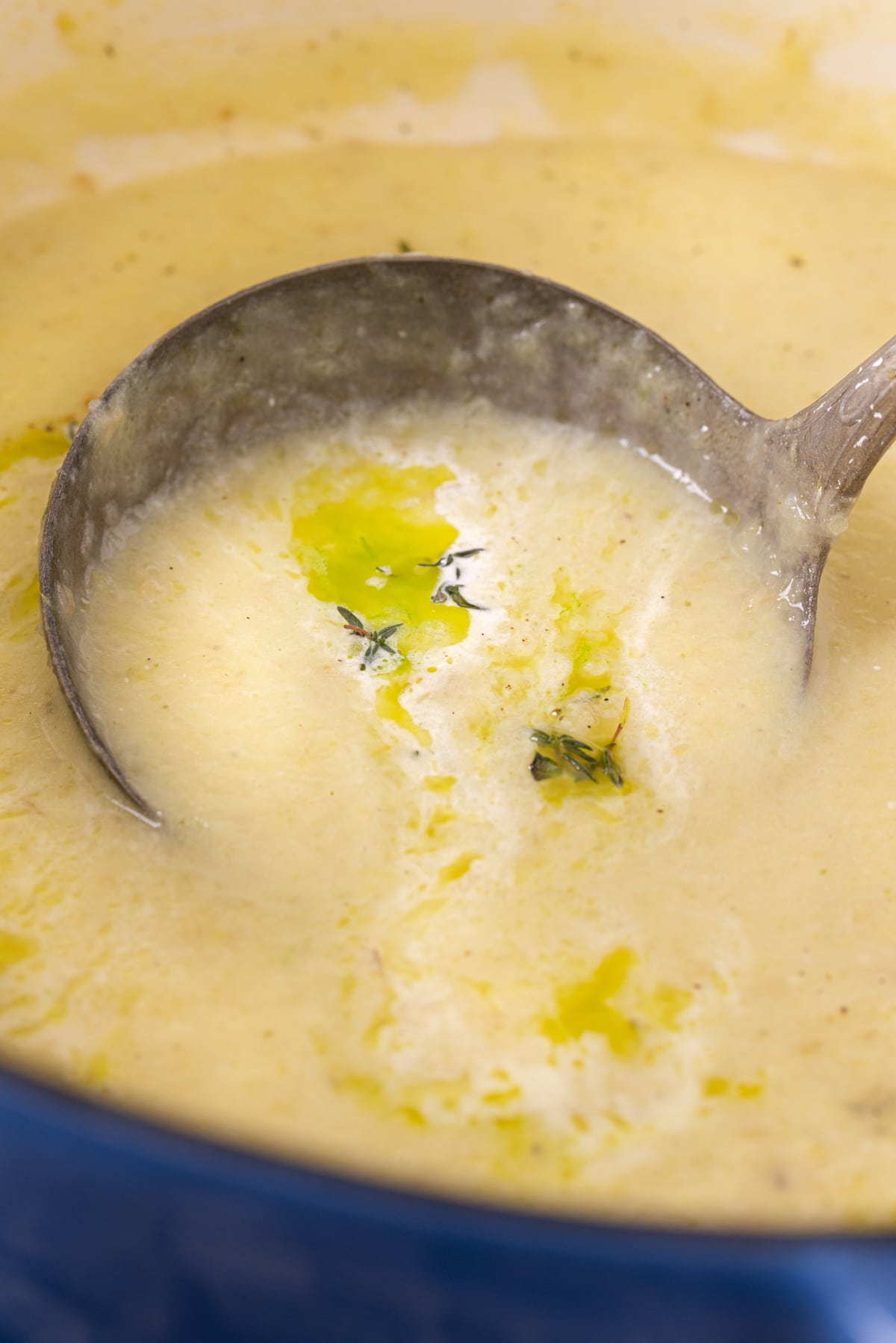 A ladle in a pot of potato leek soup