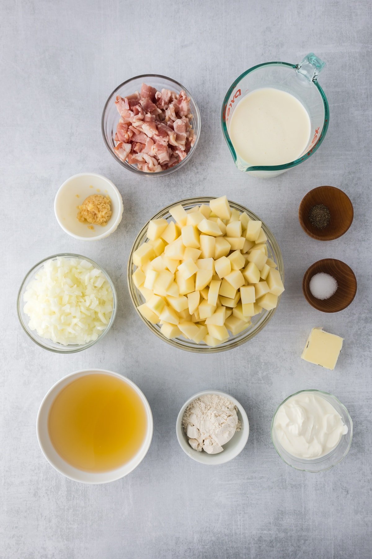 Overhead view of potato soup ingredients