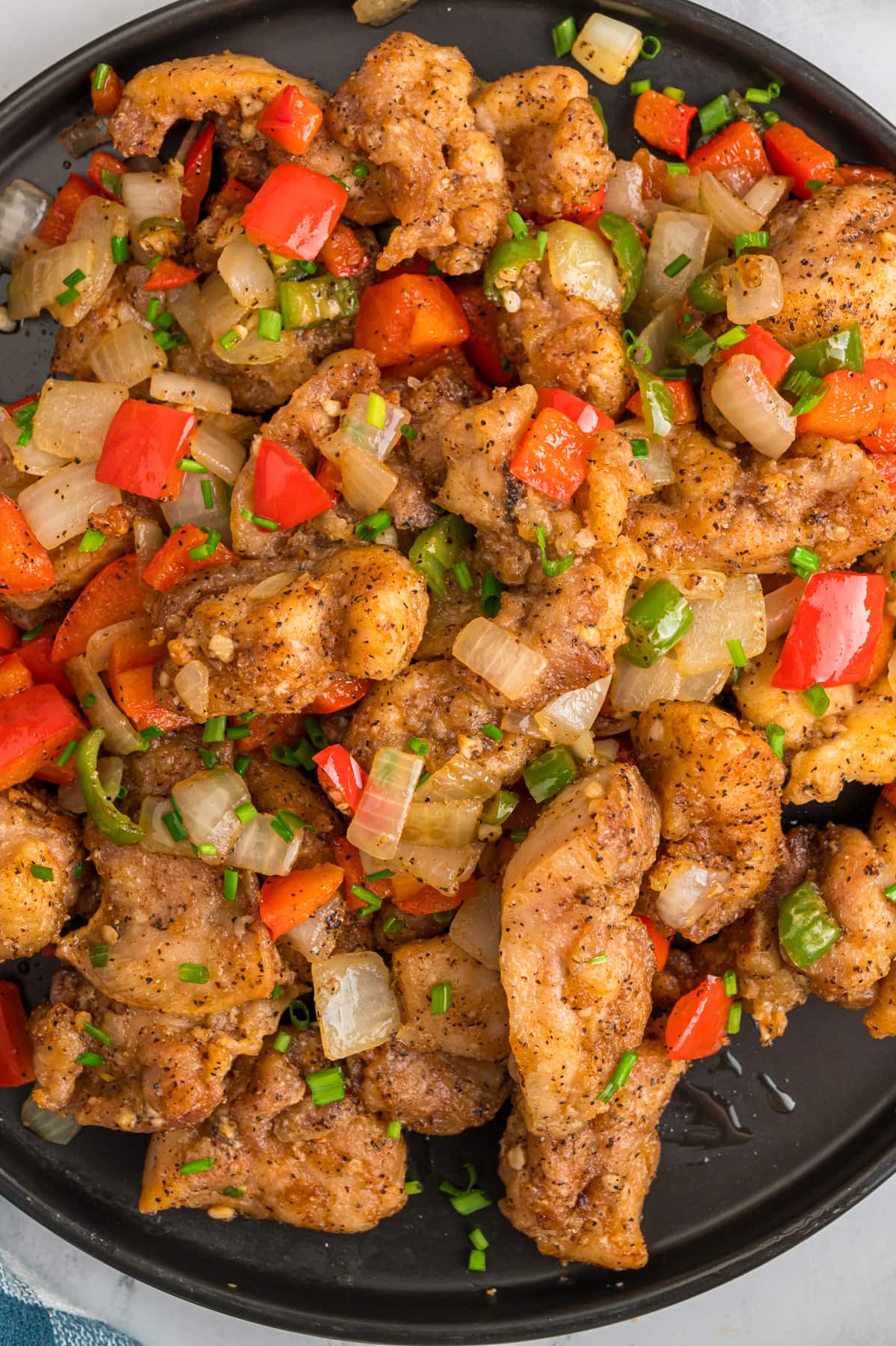 Overhead view of salt and pepper chicken