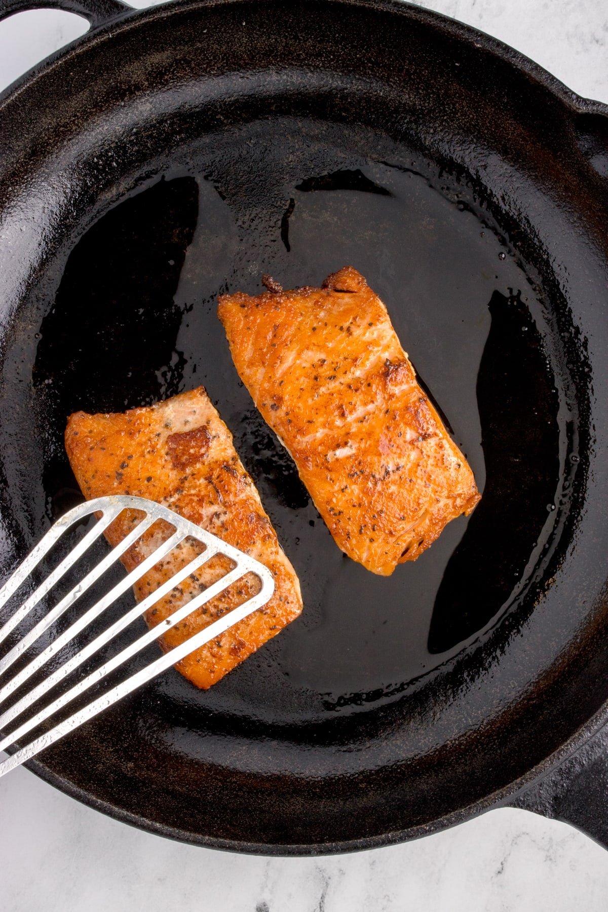 salmon cooked in skillet