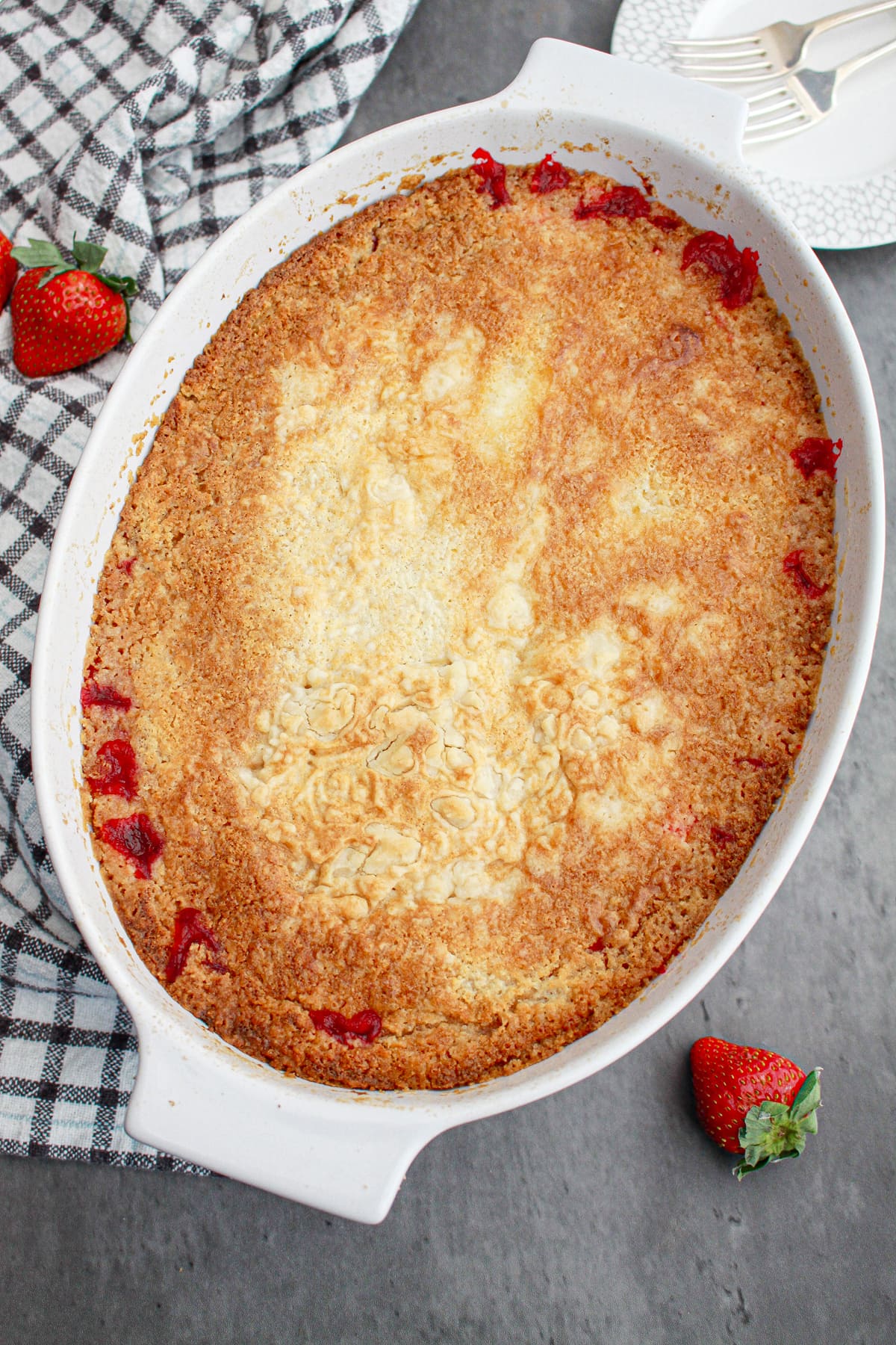 strawberry dump cake baked in dish