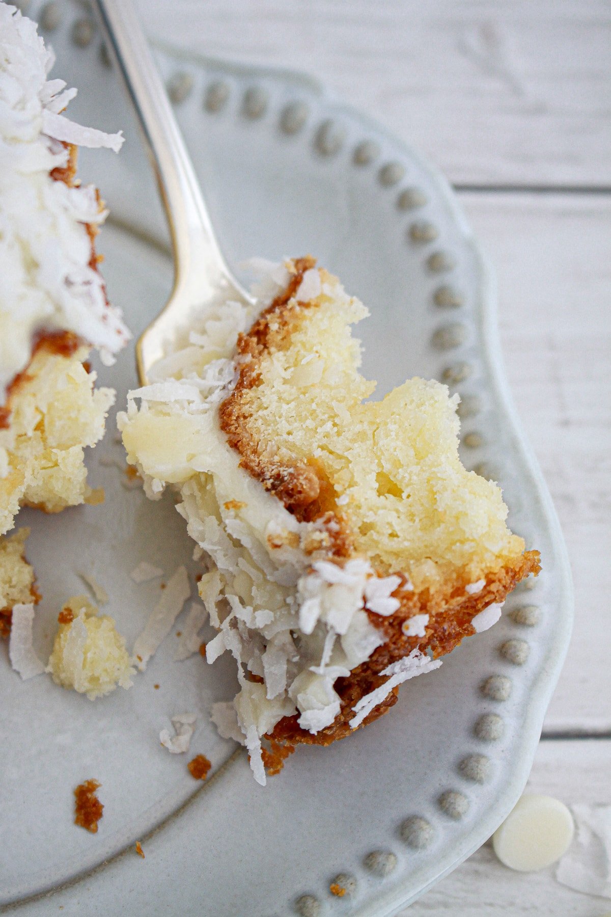 fork with white chocolate coconut bundt cake