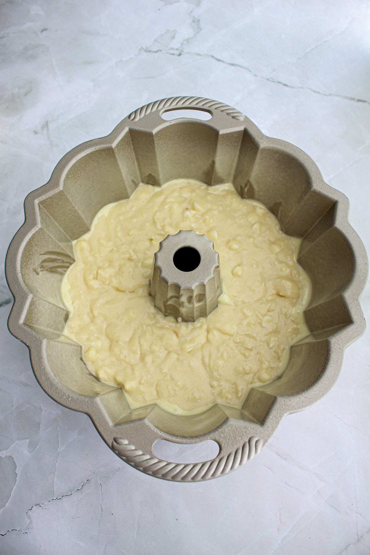 White Chocolate Coconut Bundt Cake in bundt pan