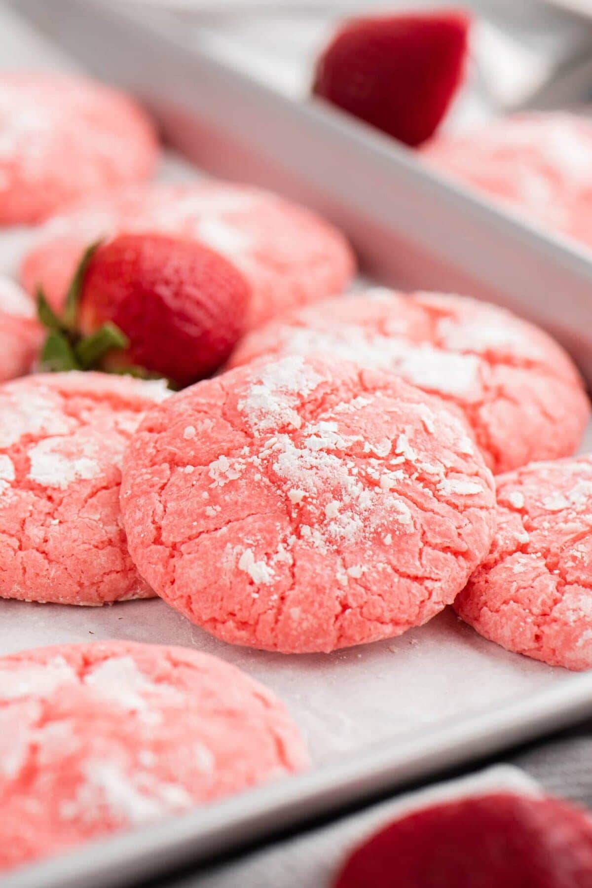 Strawberry Cheesecake Cookies on baking sheet