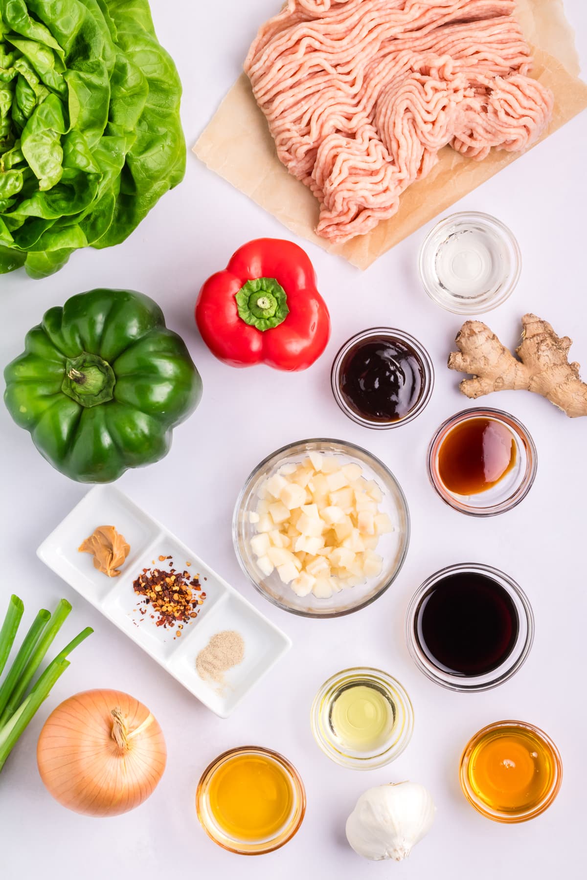 Overhead view of ingredients for Asian chicken lettuce wraps