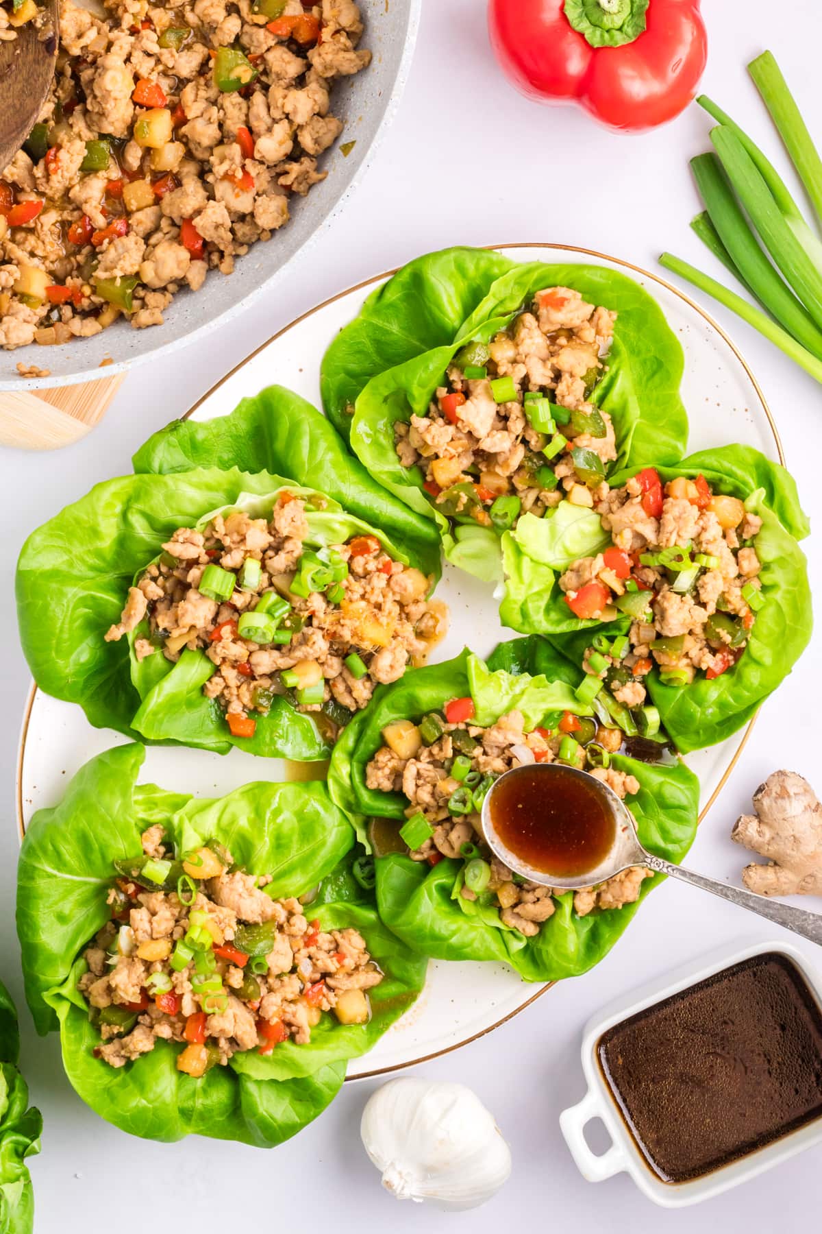 Overhead view of Asian lettuce wraps with chicken