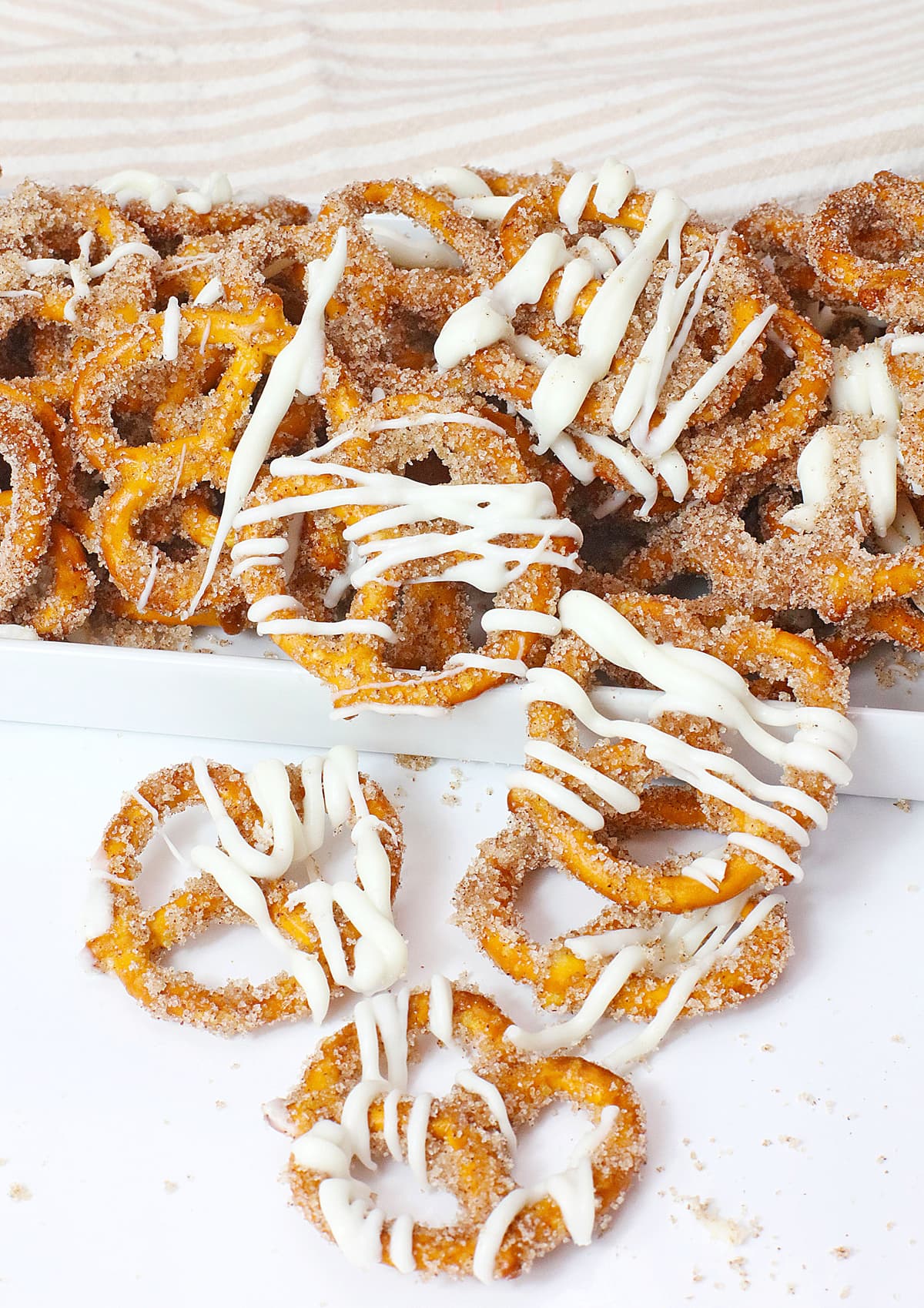 Cinnamon Sugar Pretzels on a white tray.