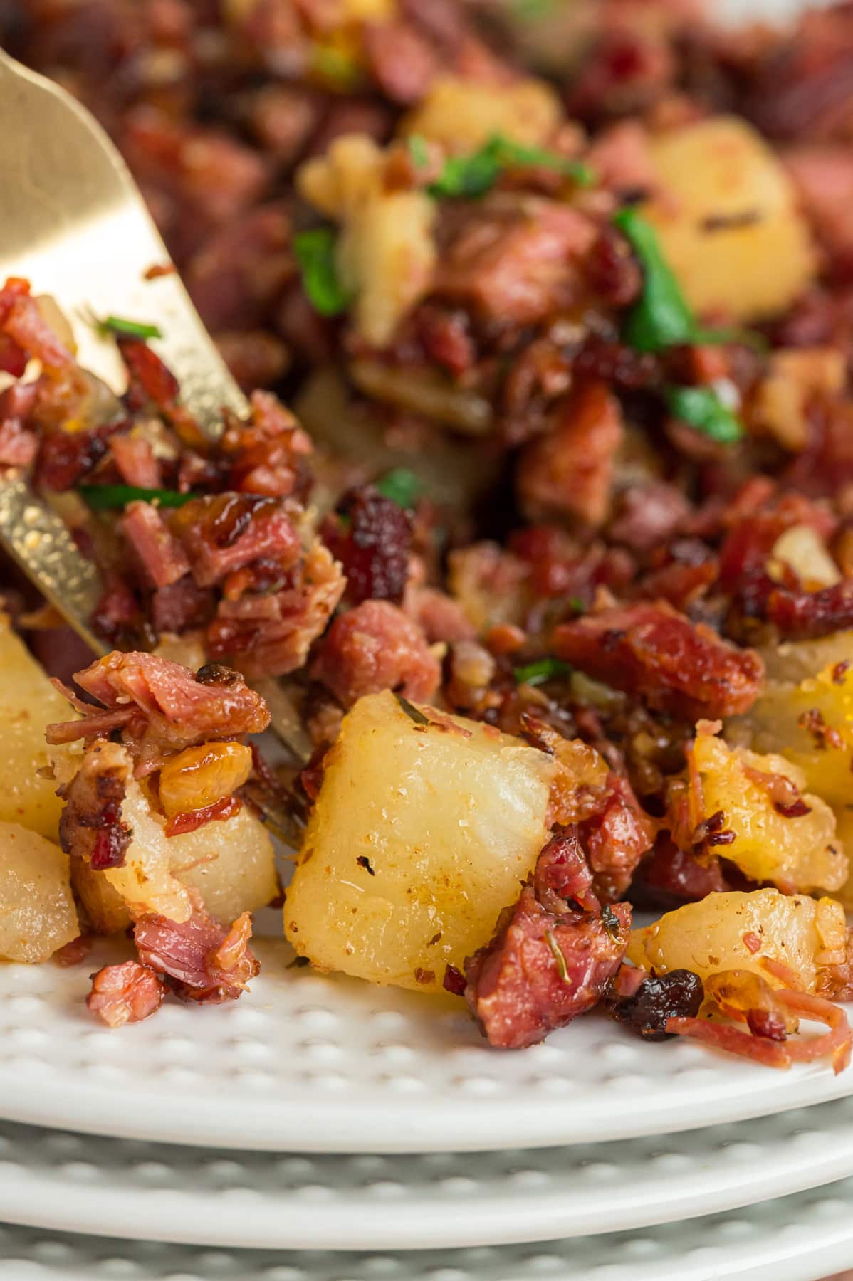 A close-up view of corned beef hash.