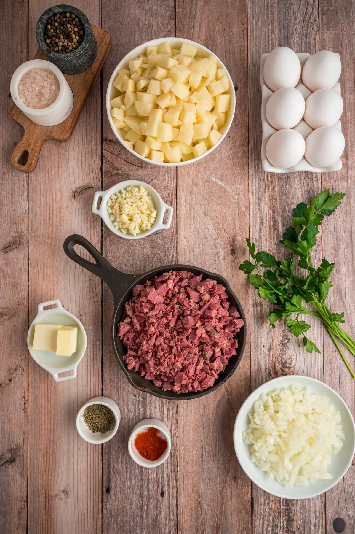 Ingredients for a corned beef hash recipe.