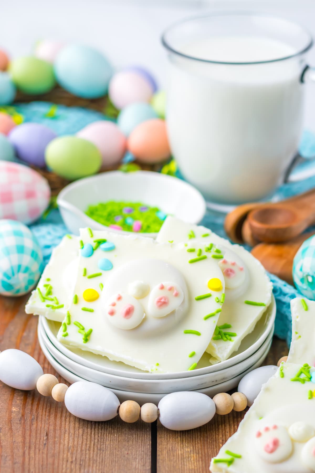 Easter bark pieces on a white plate.