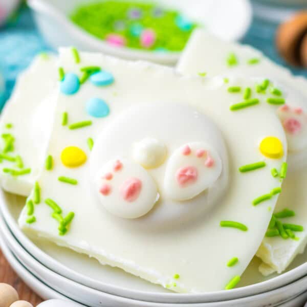 Easter bark pieces on a white plate.