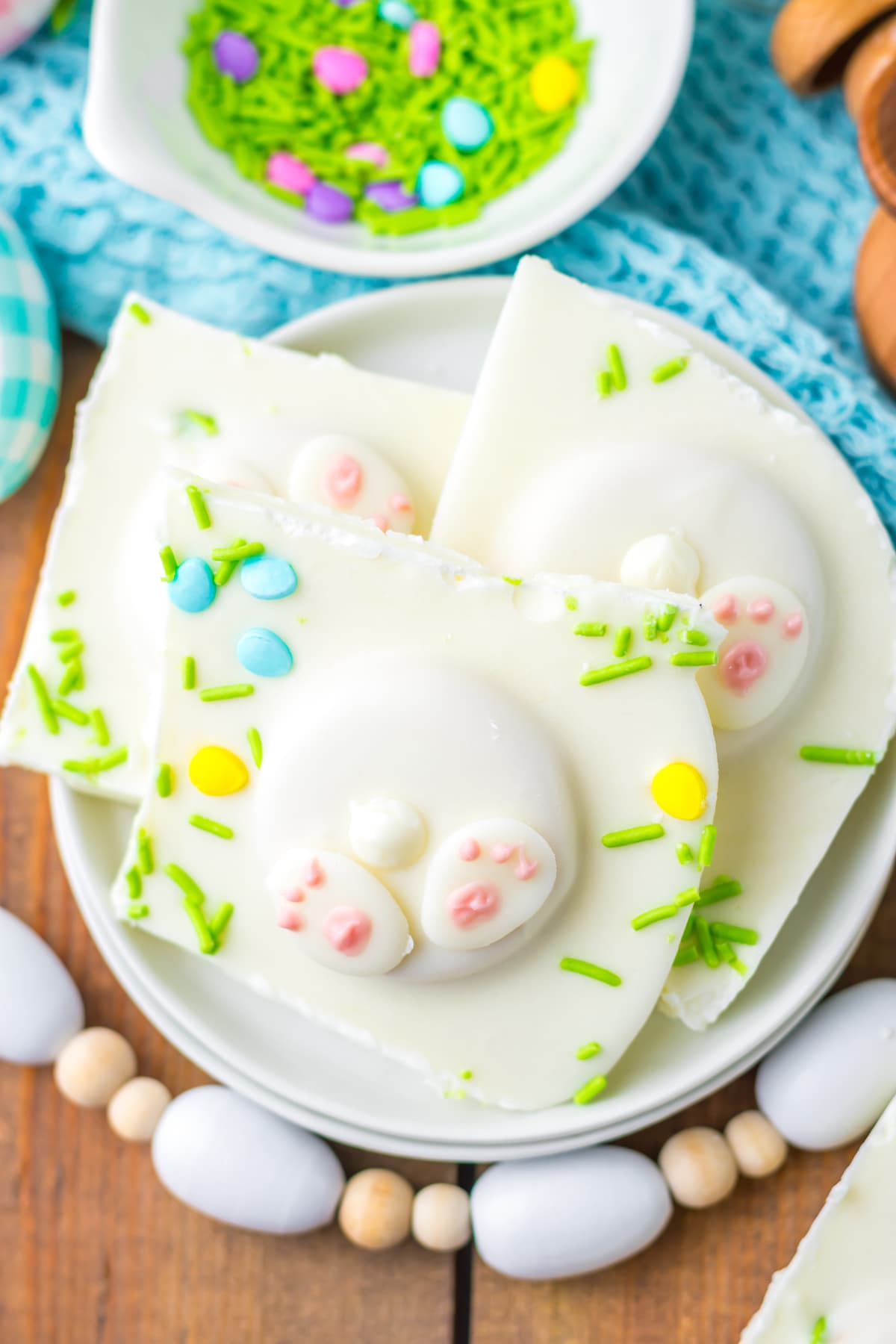 Easter bark pieces on a white plate.