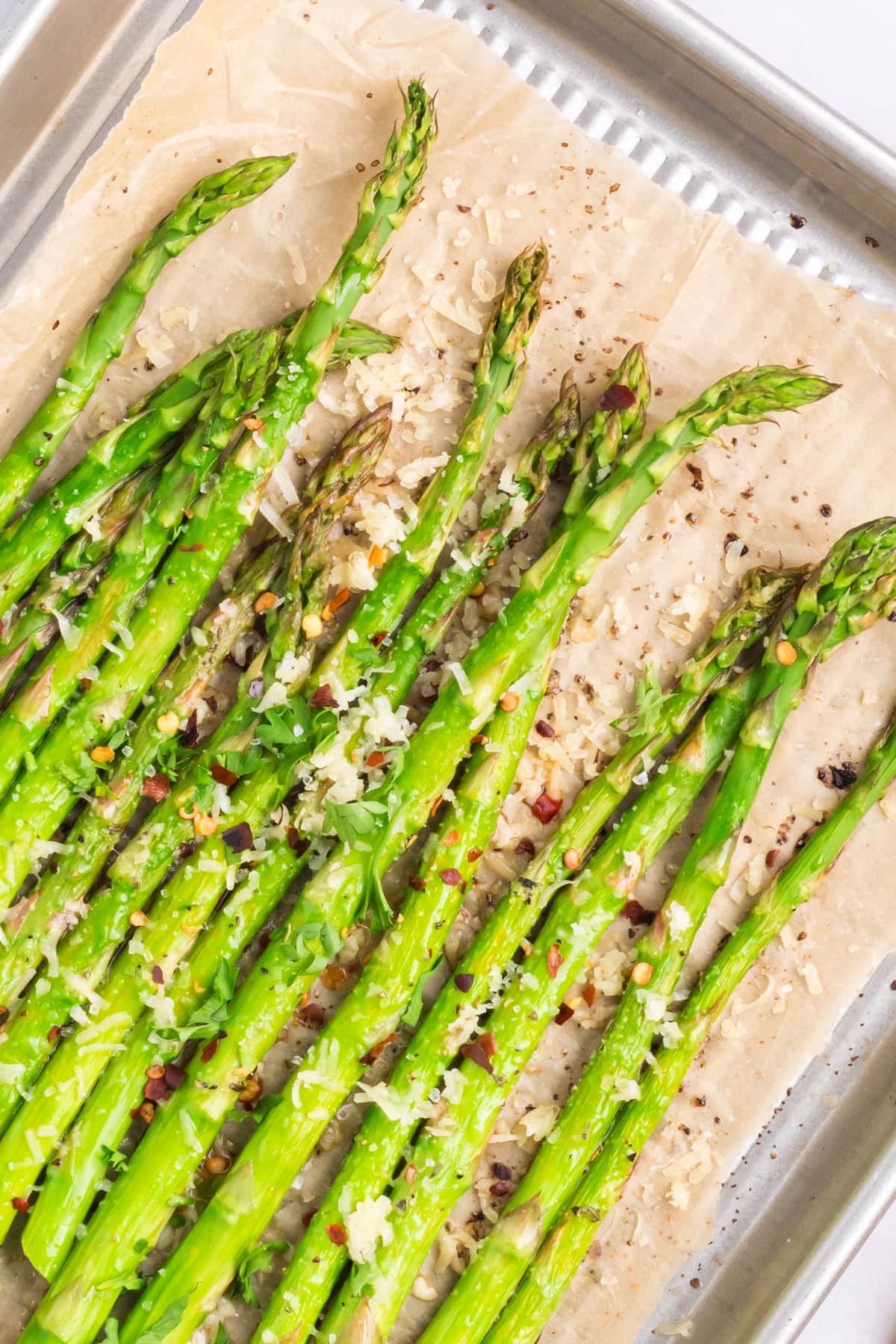 Roasted asparagus on a baking sheet