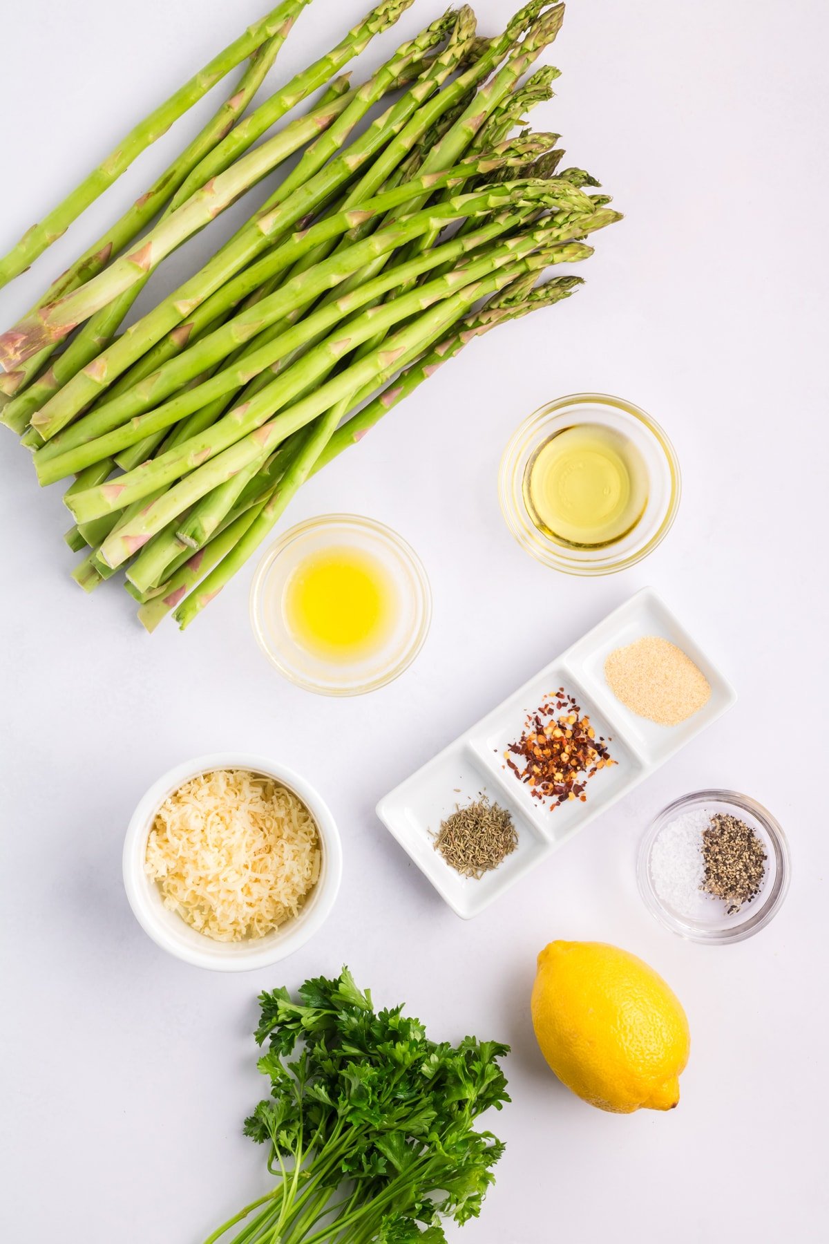 Overhead view of ingredients needed to make oven roasted asparagus