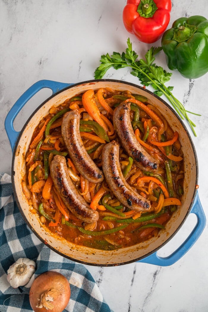 Sausage and peppers in a skillet