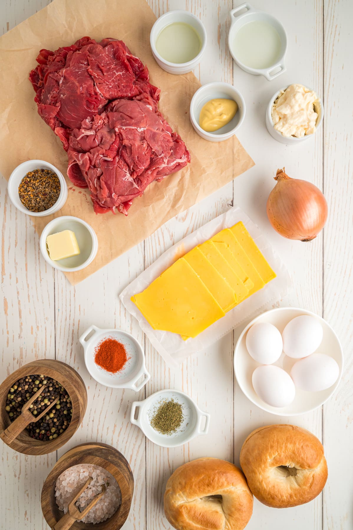 ingredients needed to make steak egg and cheese bagel