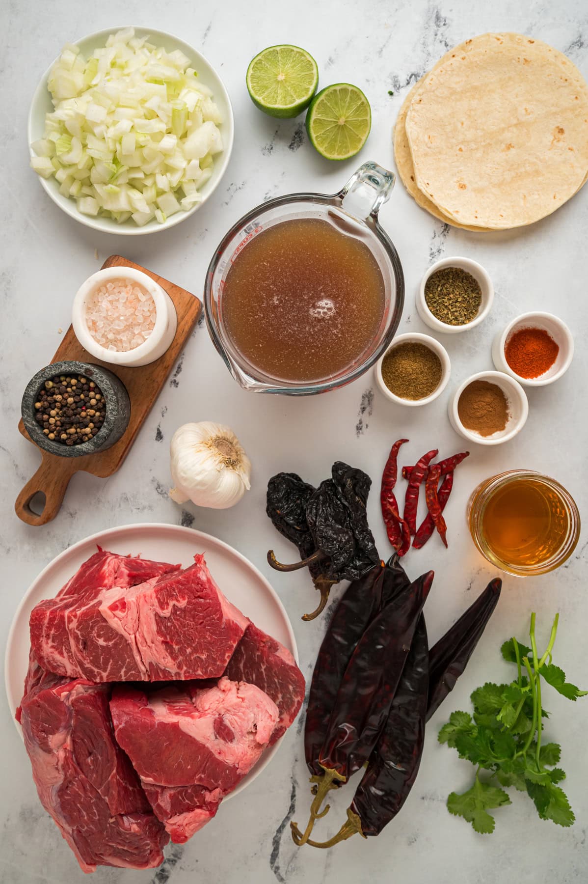 Overhead view of ingredients needed to make birria