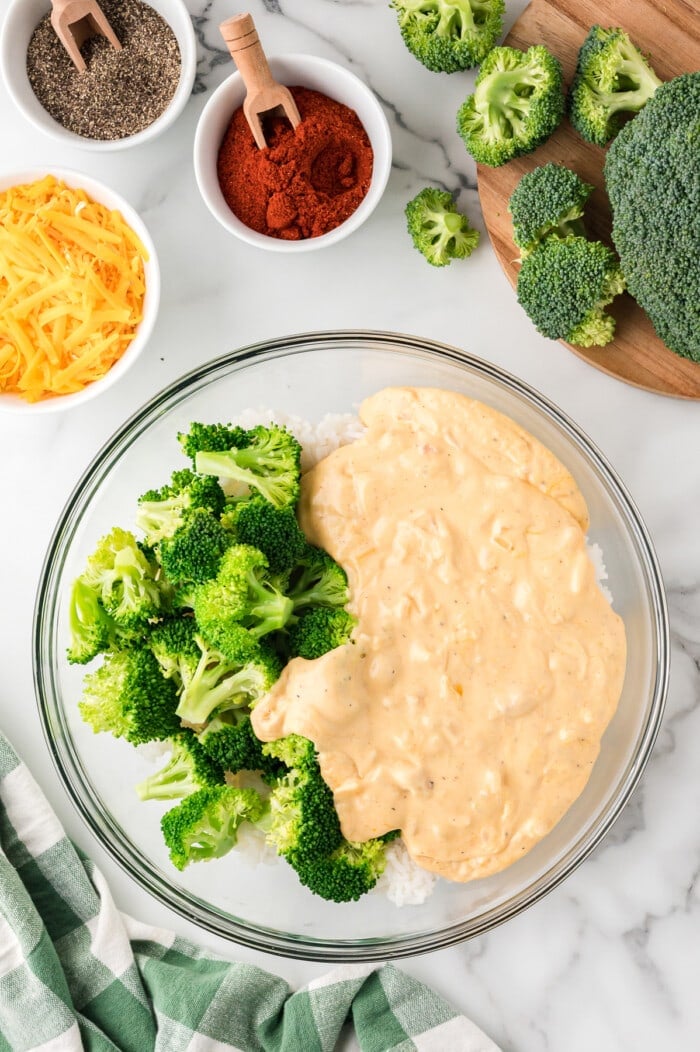 Broccoli and cheese sauce in a glass bowl