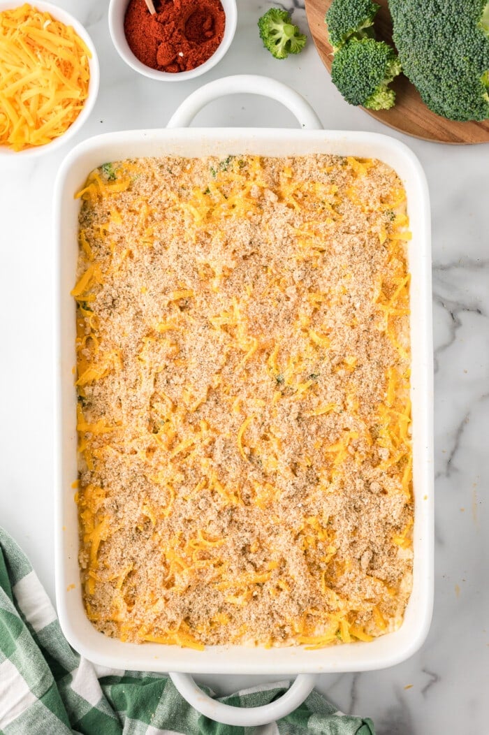 Breadcrumbs on top of broccoli and rice casserole