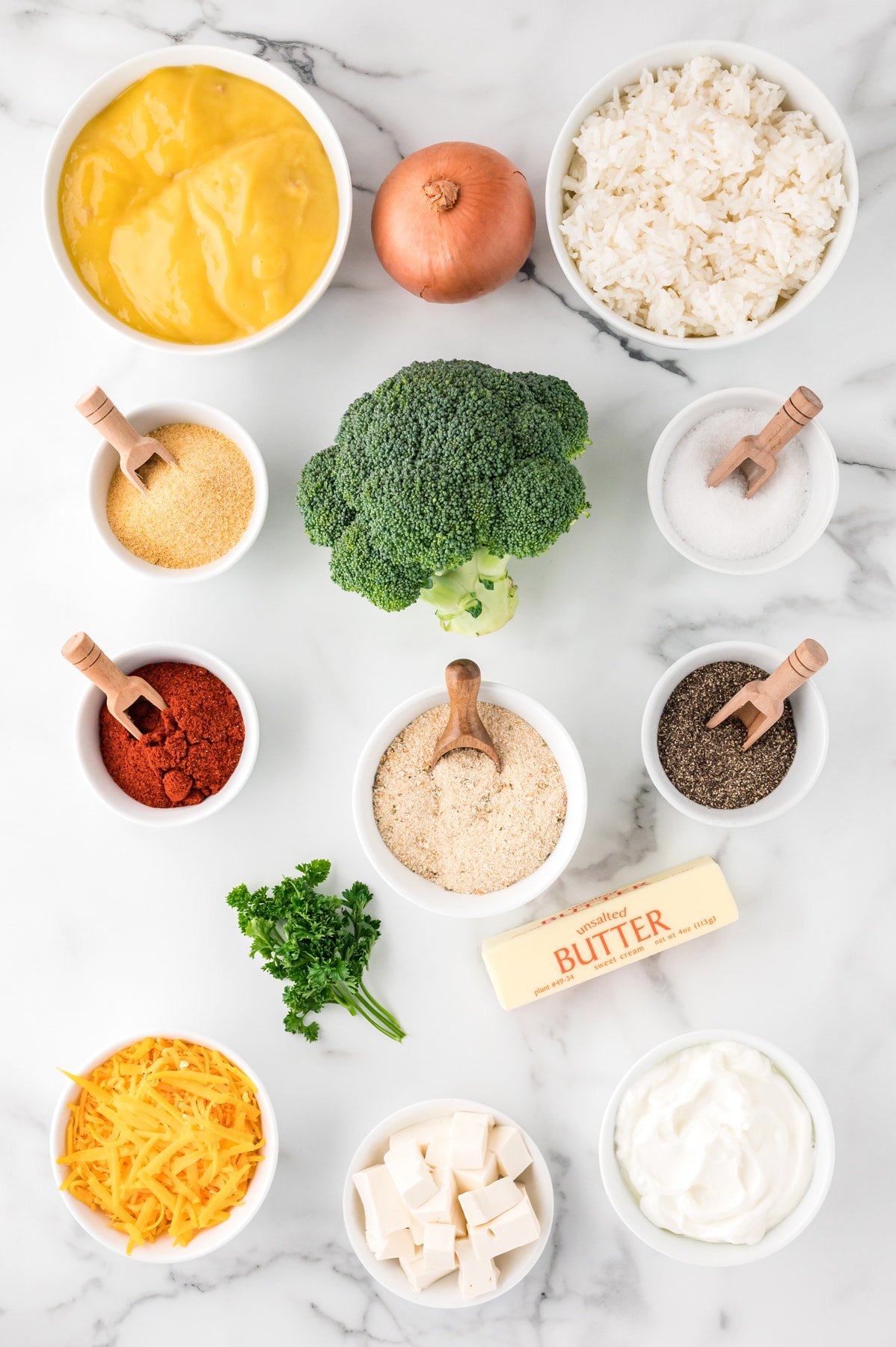 Overhead view of ingredients needed for broccoli and rice casserole