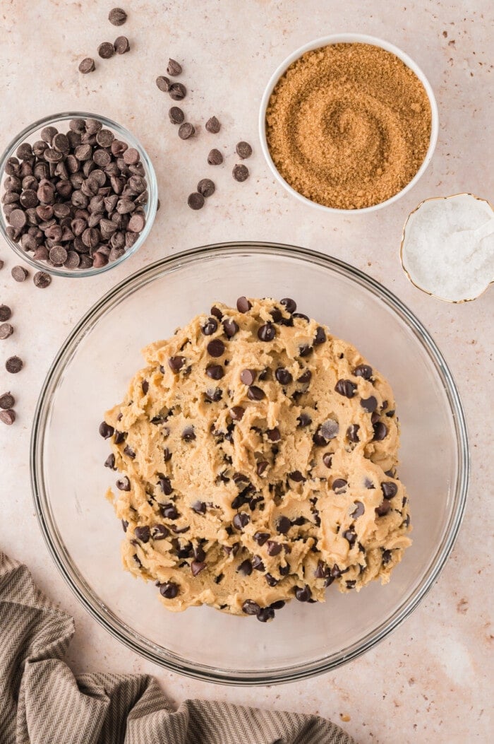 Brown butter chocolate chip cookie dough in a bowl