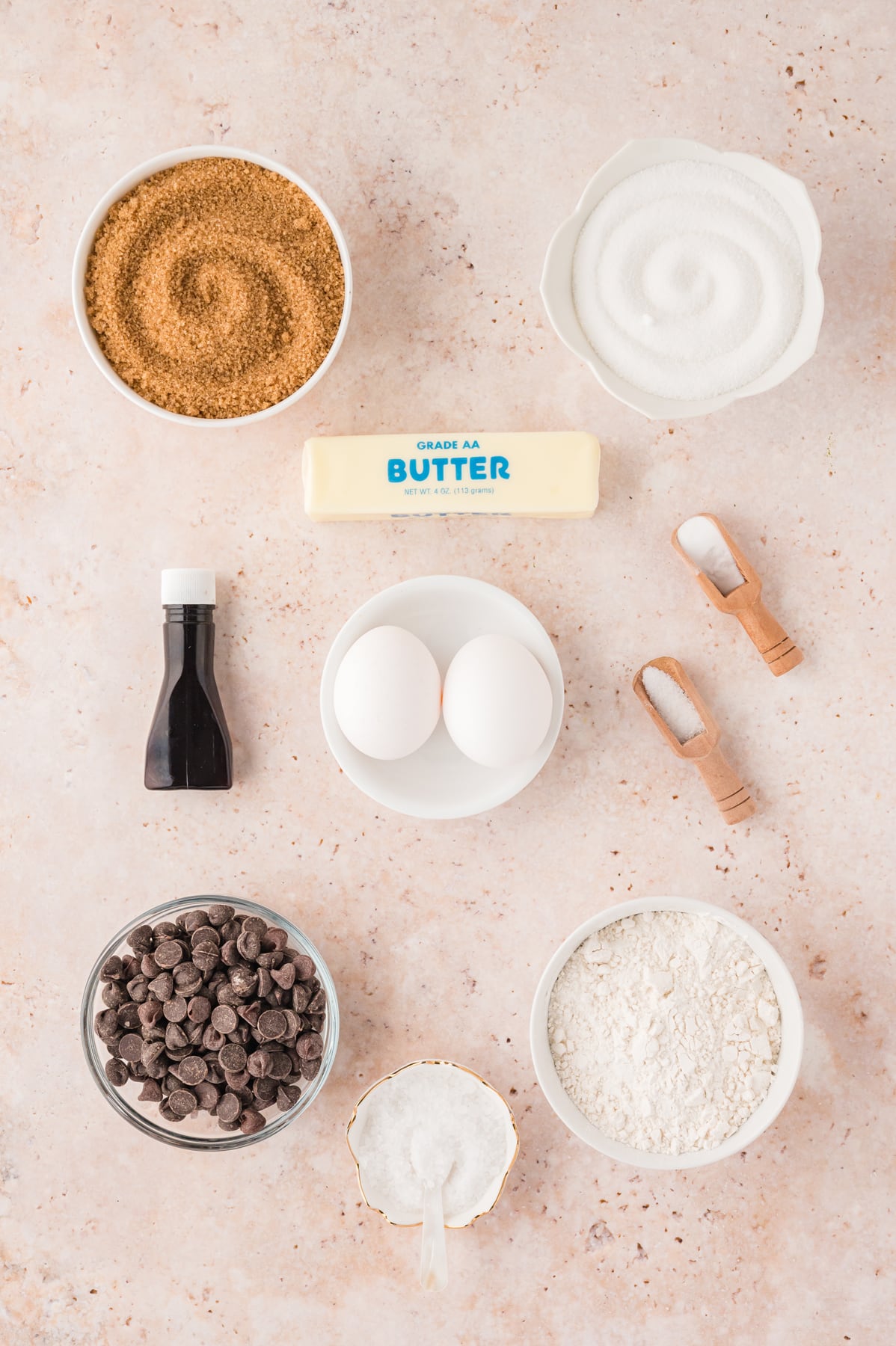 Overhead view of ingredients needed to make chocolate chip cookies with brown butter