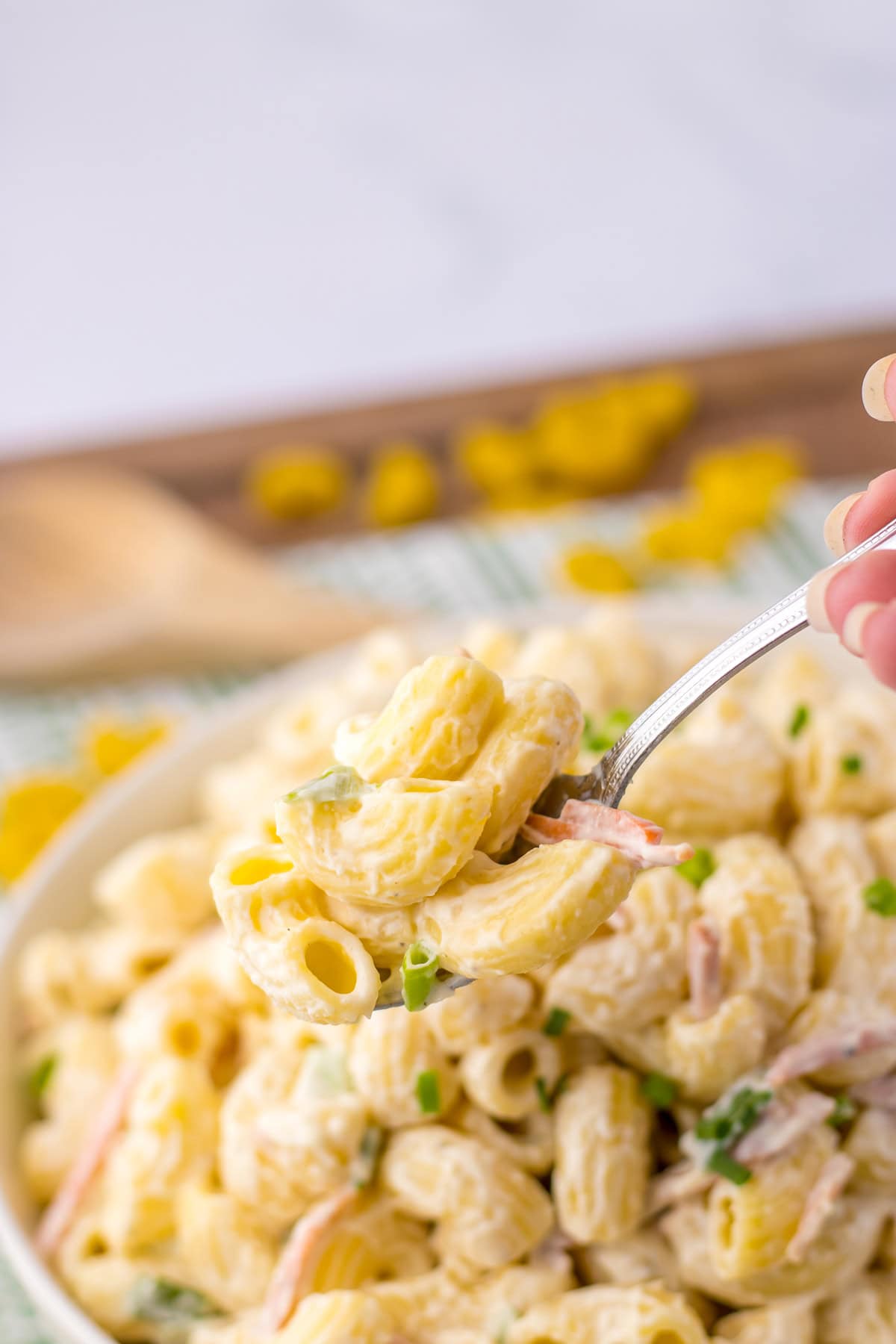 Macaroni salad on a spoon.