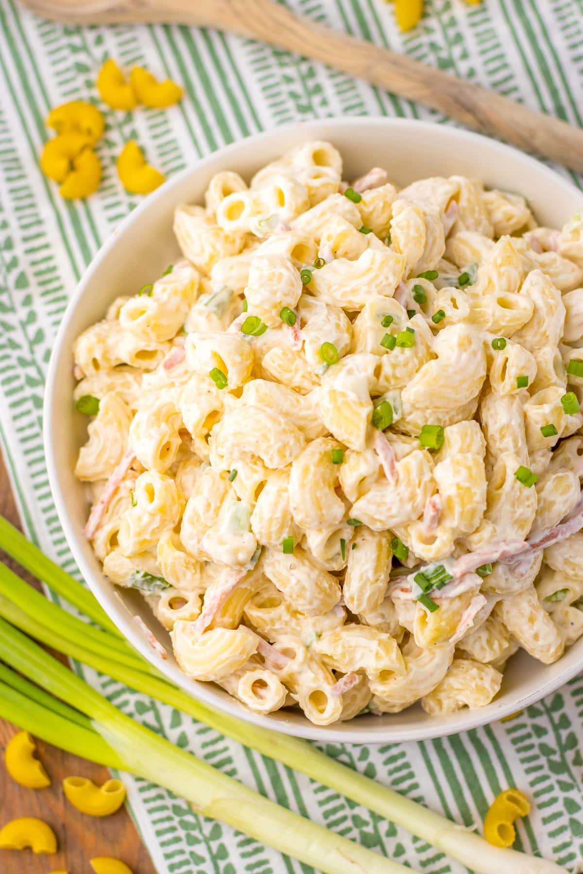 Over head view of Hawaiian macaroni salad in a white bowl.