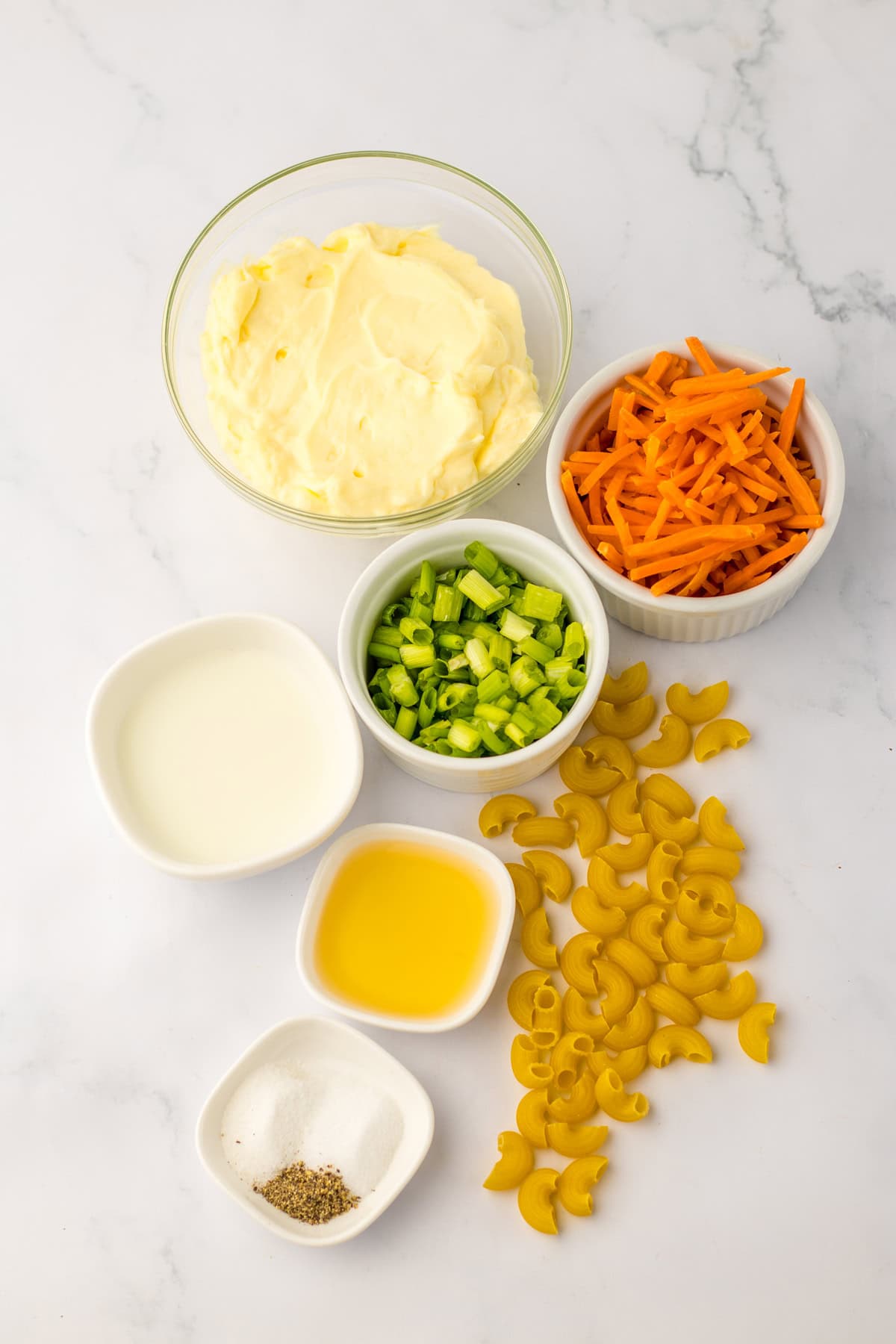 Ingredients to make Hawaiian macaroni salad.