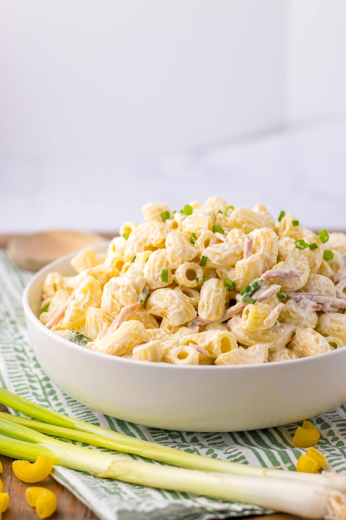 Hawaiian macaroni salad in a white bowl.