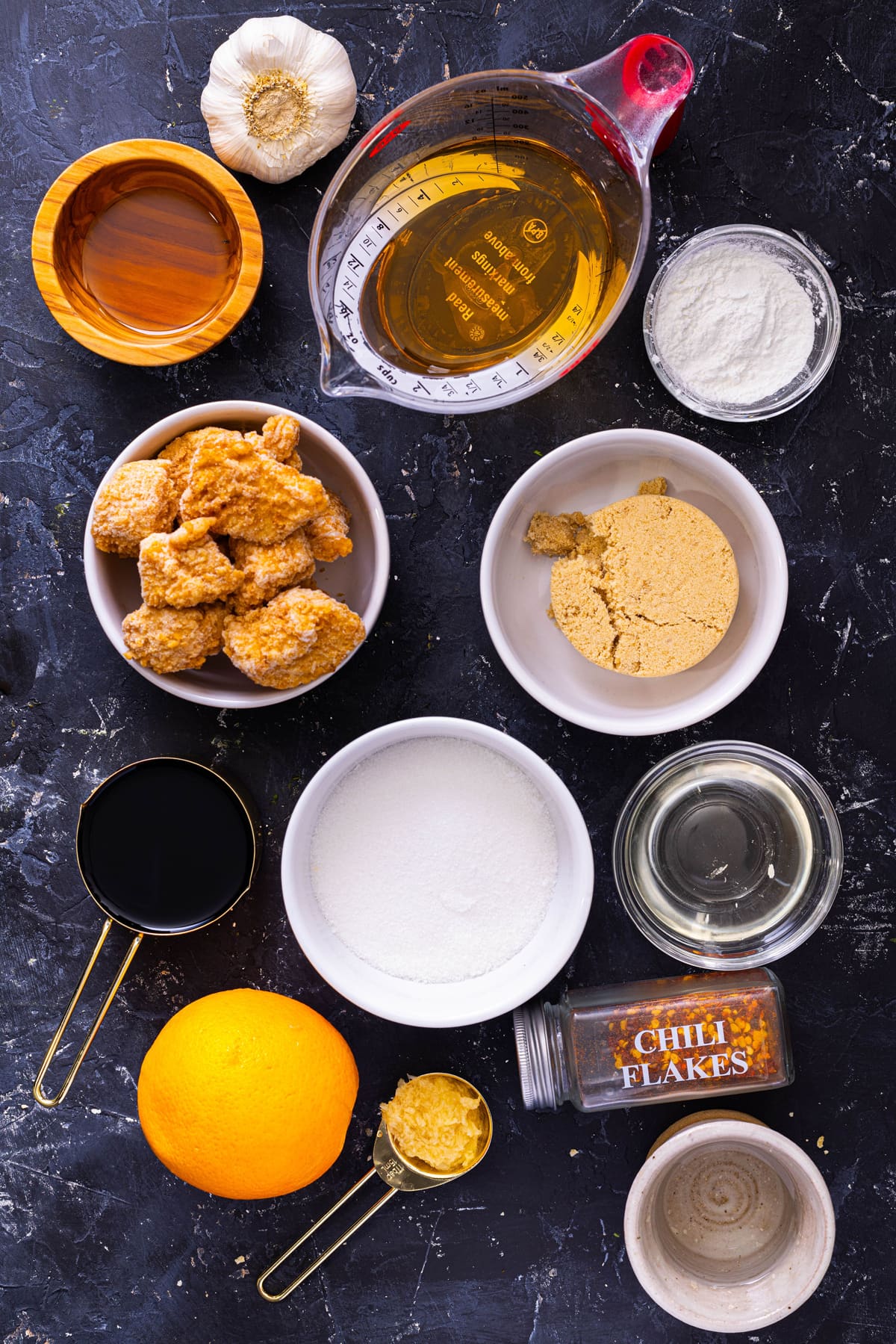 Overhead view of ingredients needed to make copycat Panda Express orange chicken