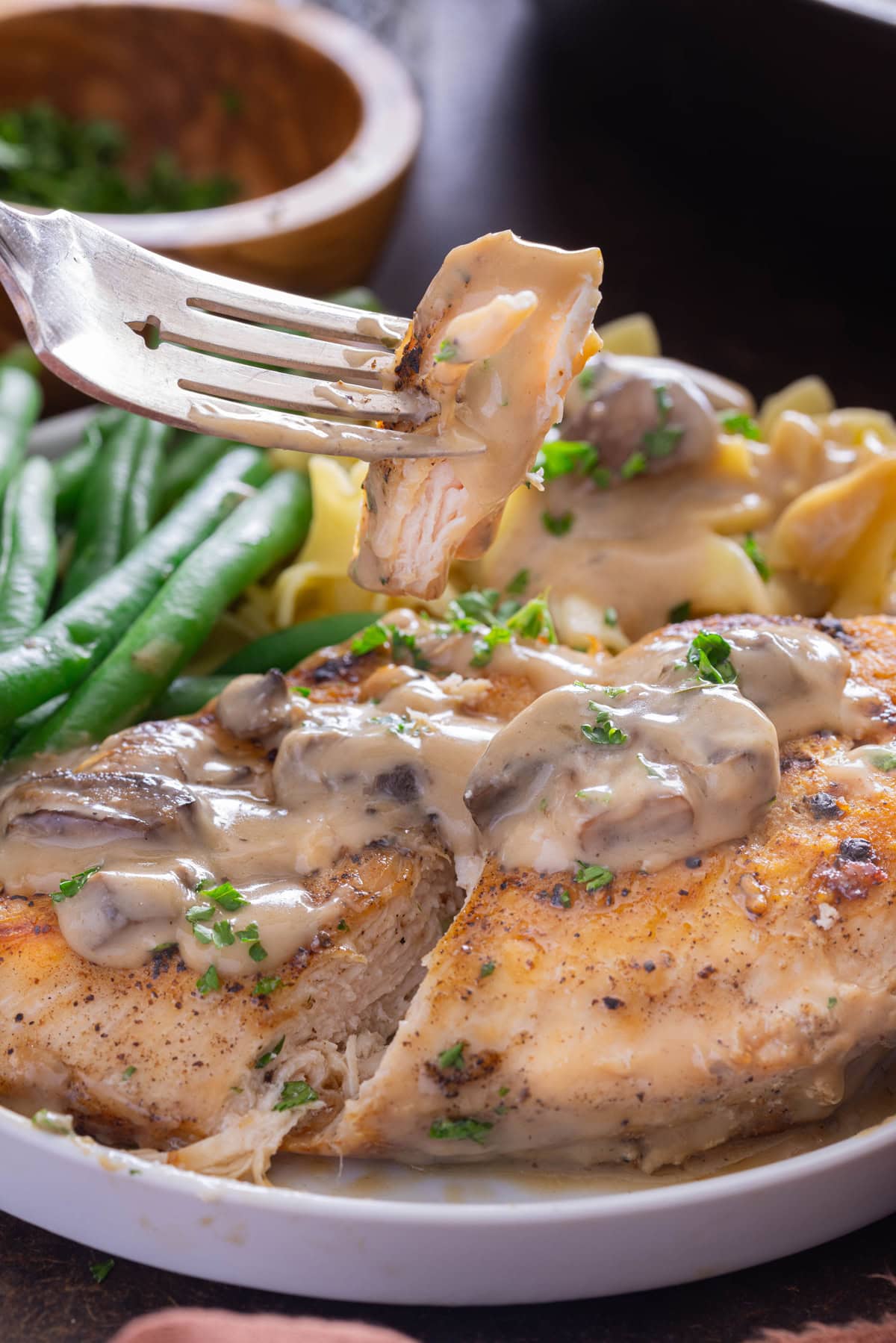 bite of Cream of Mushroom Chicken on fork