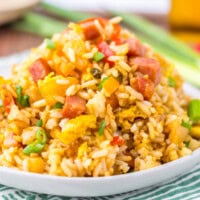 Hawaiian Fried Rice served on a white plate.