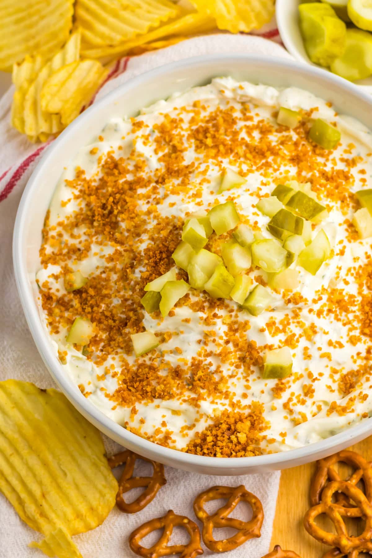 This Fried Pickle Dip perfectly captures the flavors of a fried pickle dipped in ranch dressing! It’s creamy, tangy, and has just the right amount of pickle flavor. It’s a crowd favorite! Fried Pickle Dip top view