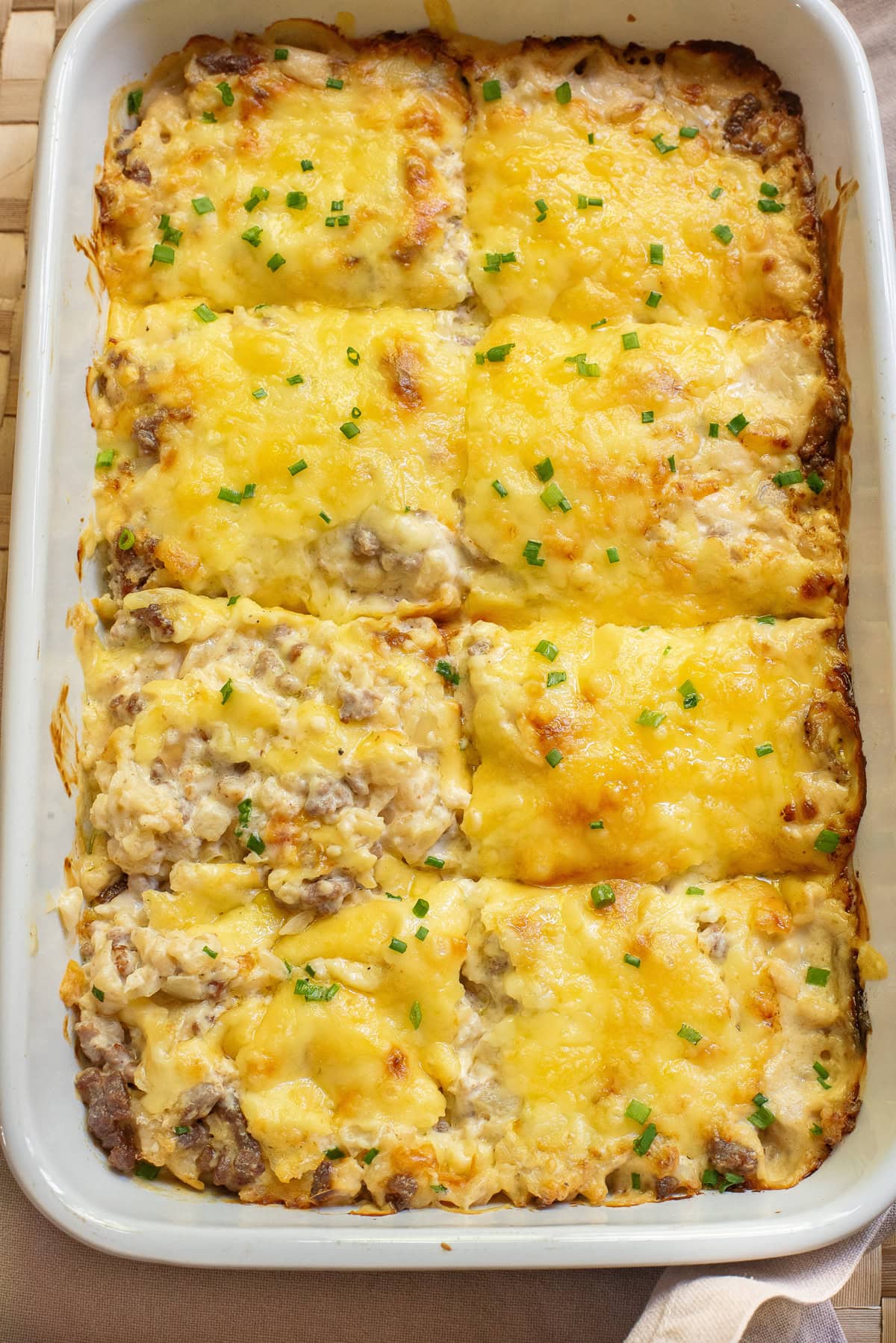 Cauliflower Rice Casserole in a white baking dish.