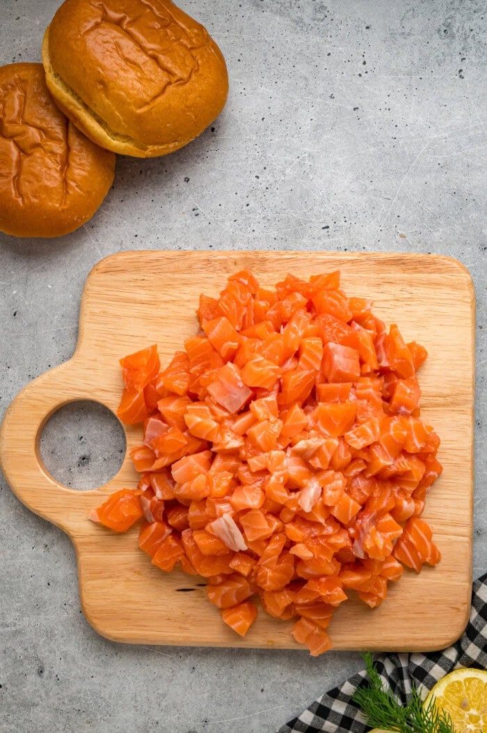 Chopped salmon fillet on a cutting board