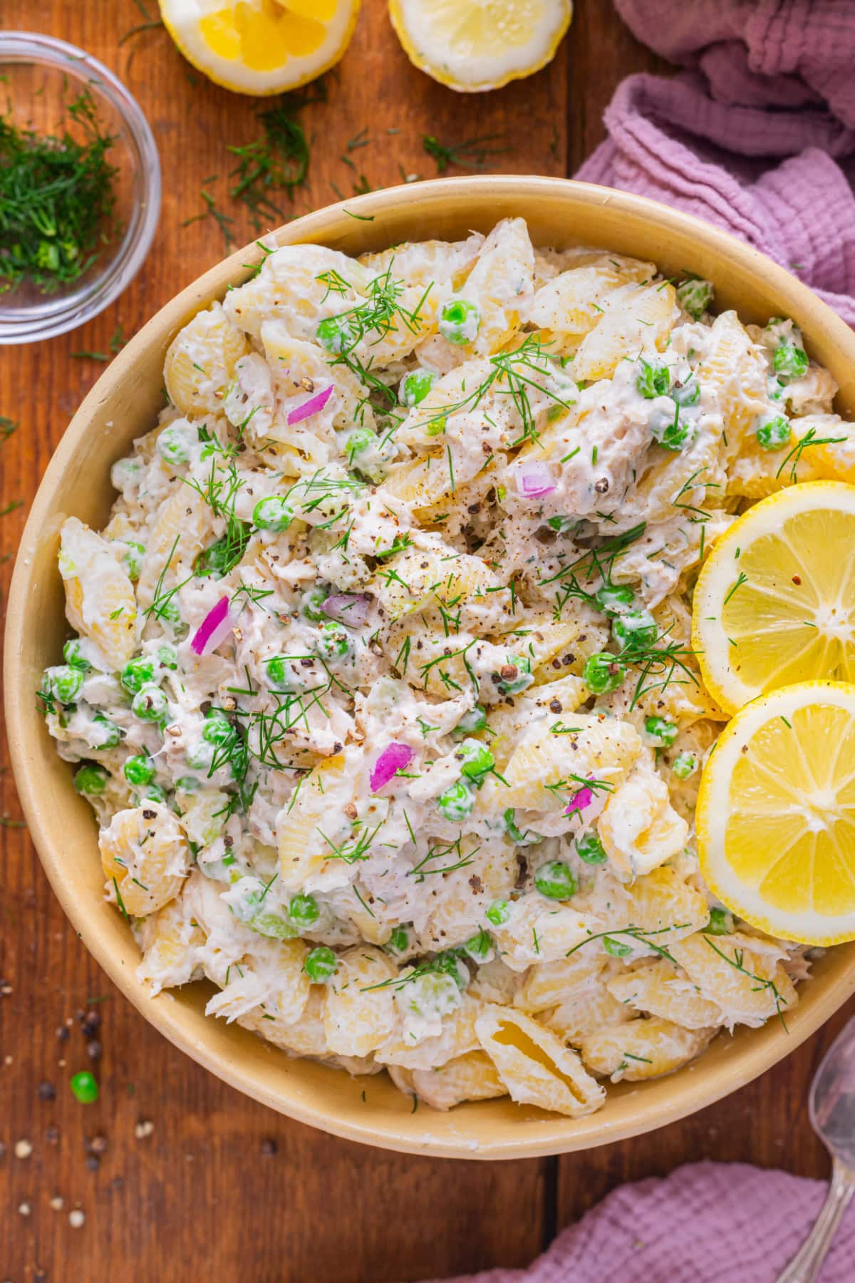 Creamy yet light, this Tuna Pasta Salad is quick and easy to prepare, with ingredients like fresh dill, red onion, and celery. Tuna Pasta Salad in a bowl
