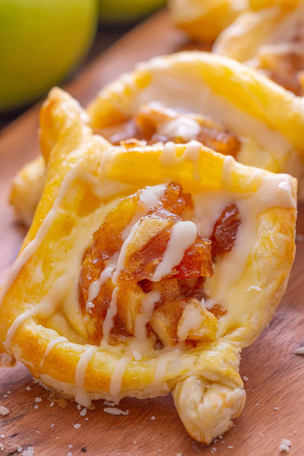 Close up of a puff pastry apple danish