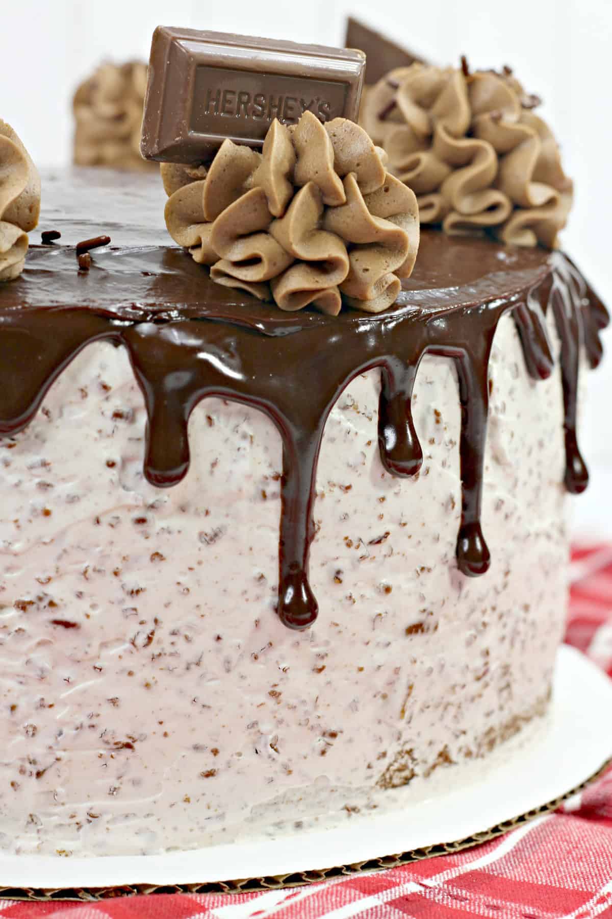 This decadent Hershey Bar Cake is the ultimate chocolate dessert. Hershey Bar Cake with chocolate ganache dripping down edges and decorated with chcocolate frosting and mini candy bars