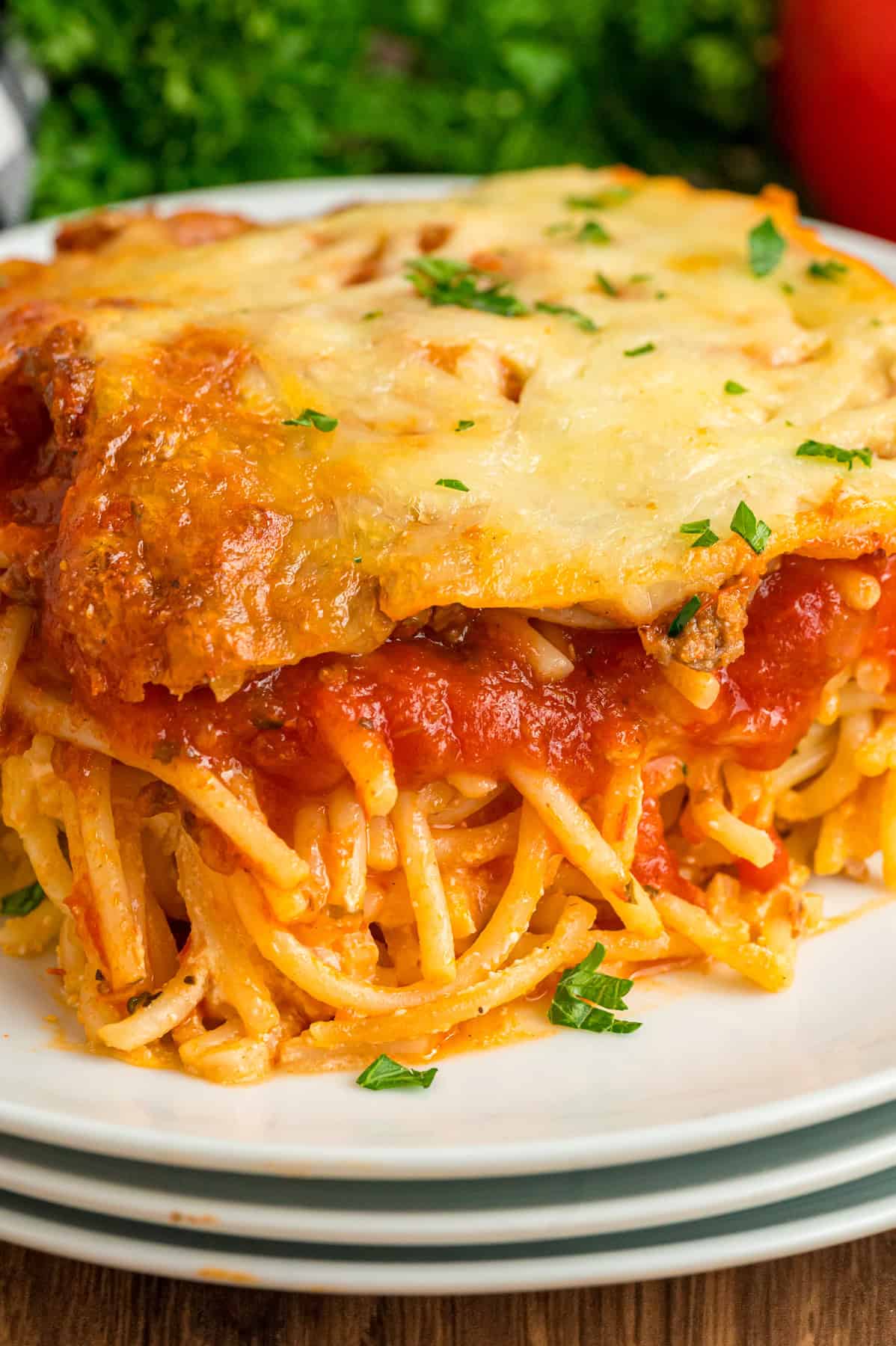 Million Dollar Spaghetti is an easy casserole with layers of spaghetti noodles, a sour cream mixture, and meat sauce. A slice of million dollar spaghetti casserole on a plate