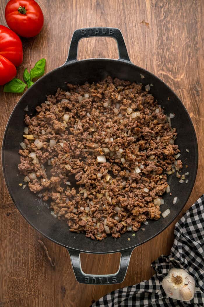 Ground beef and sausage in a skillet