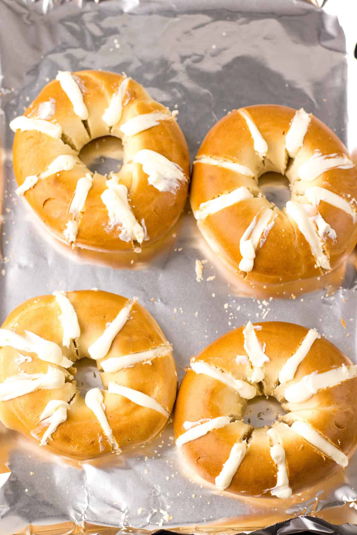 bagels cut and stuffed with cream cheese mixture