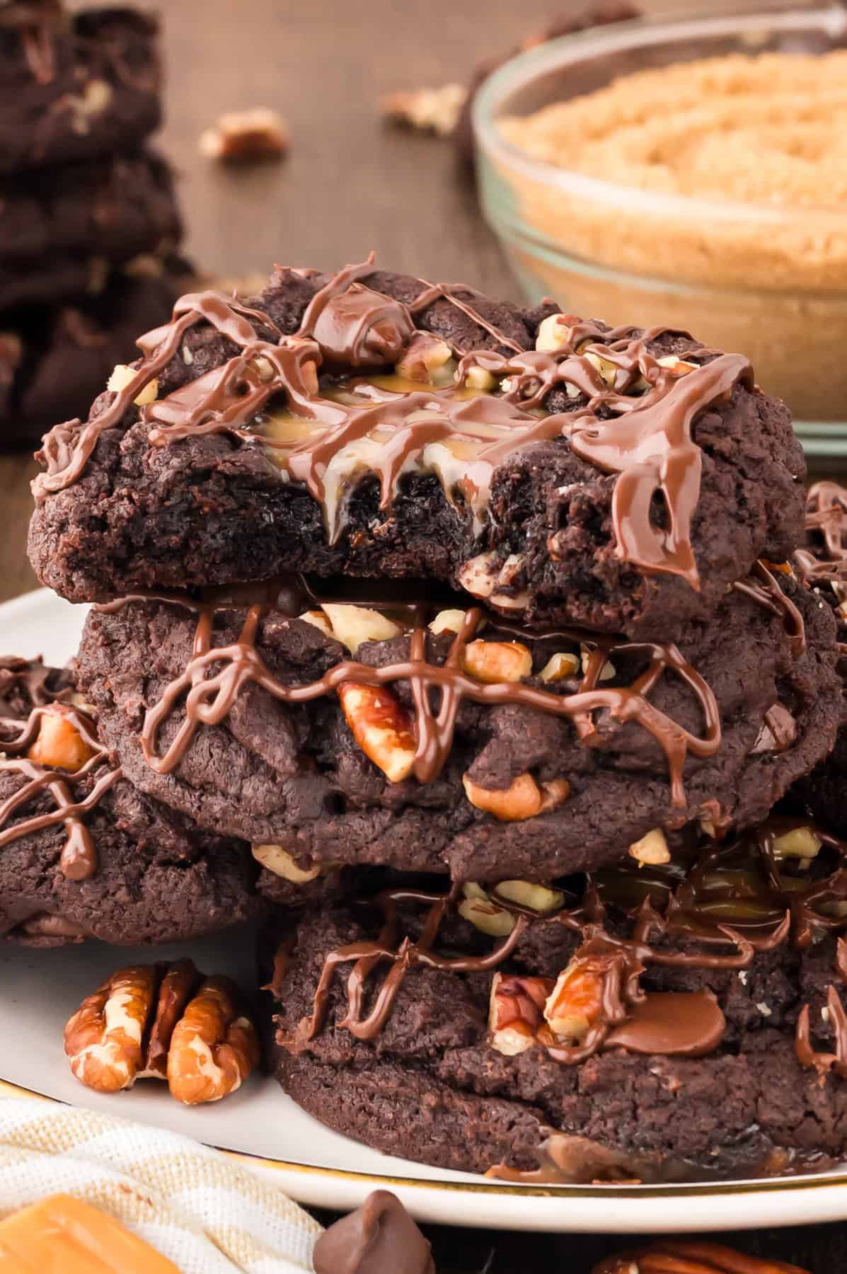 A plate of turtle cookies, one broken in half on top