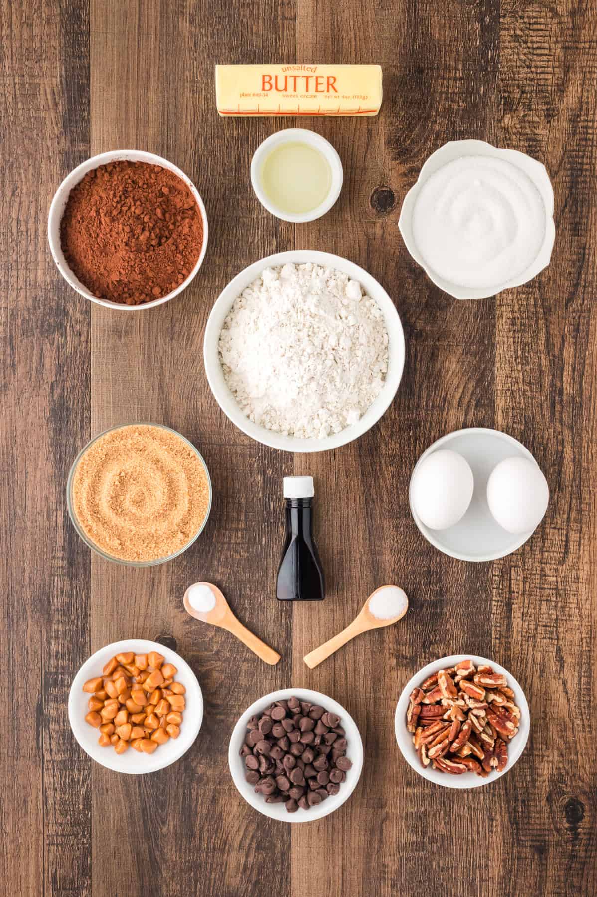 Overhead view of ingredients needed for turtle cookies