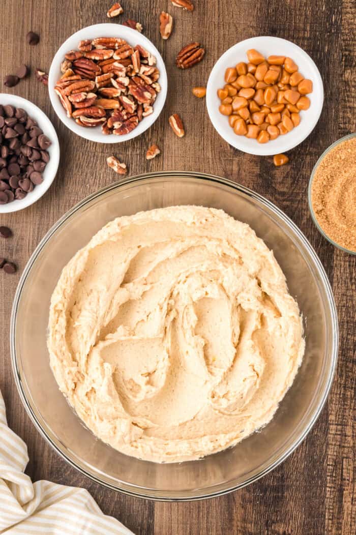 Creamed butter and sugars in a bowl