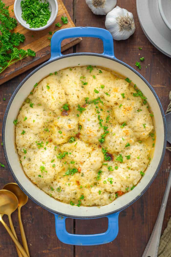 Overhead view of chicken and dumplings with Bisquick