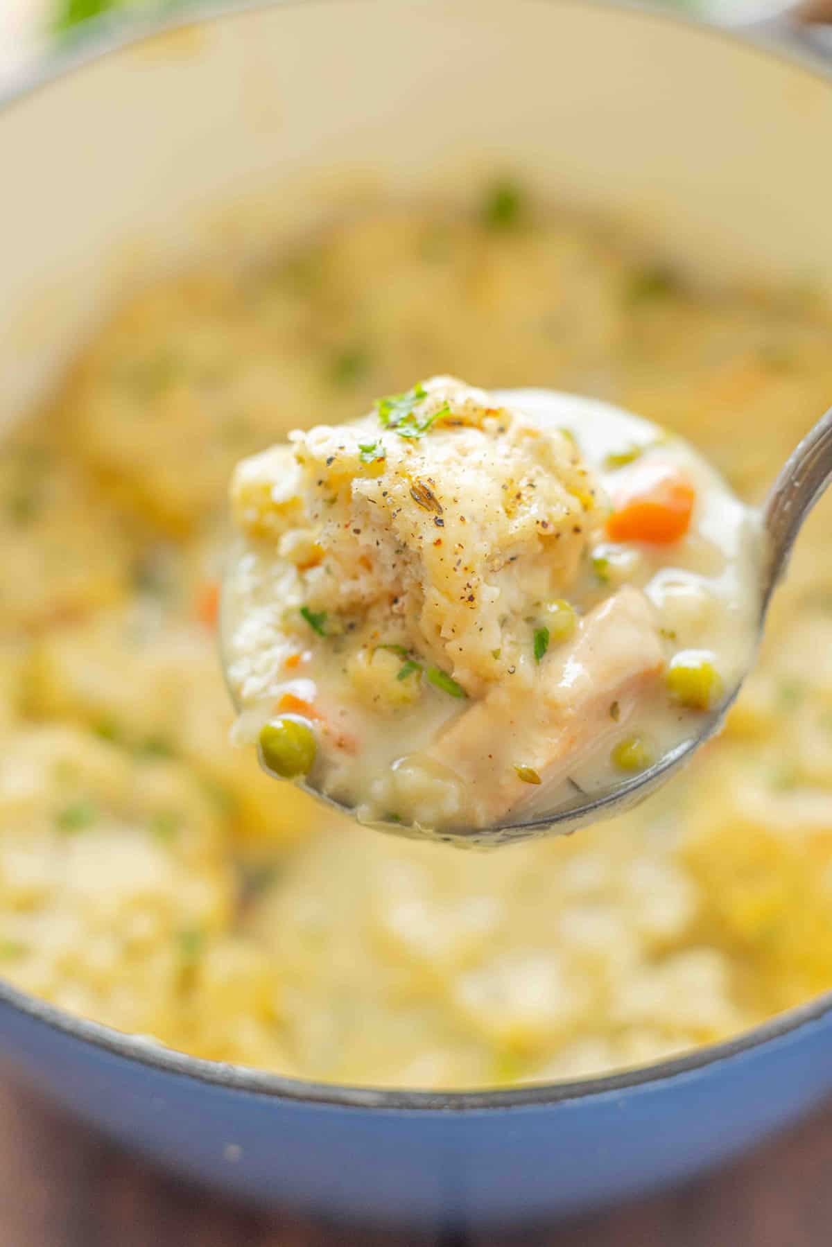 A ladle of Bisquick chicken and dumplings