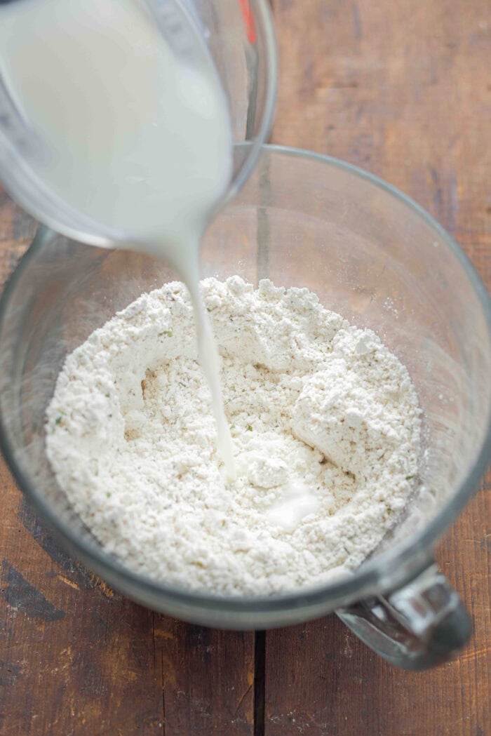 Pouring milk into Bisquick mix