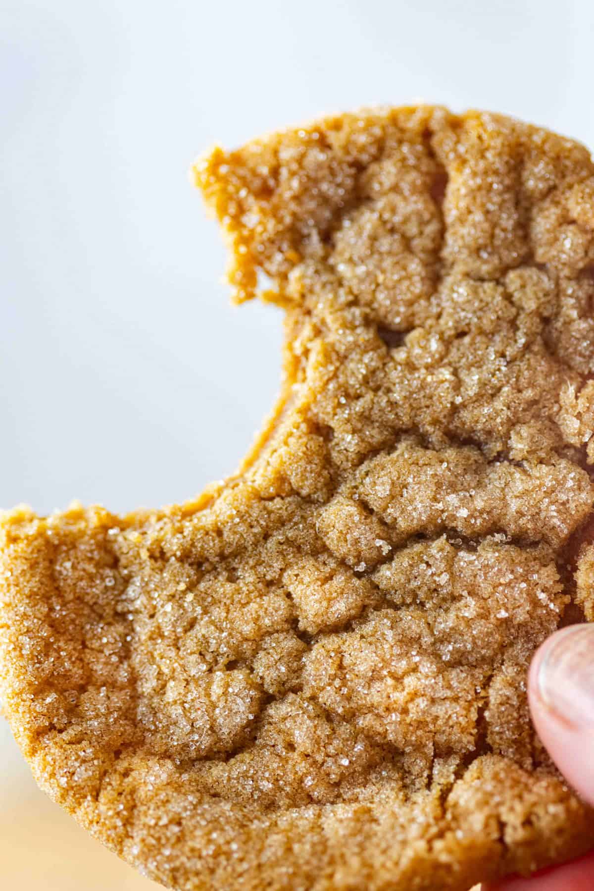 A hand holding a brown sugar cookie with a bite missing