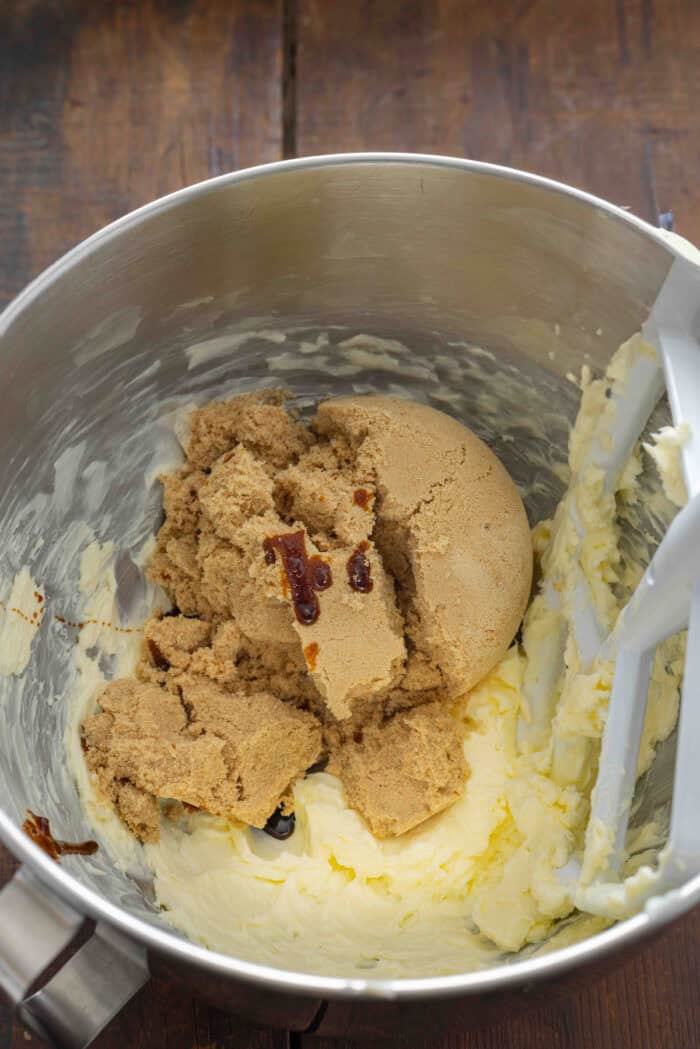 Brown sugar and butter in a mixing bowl